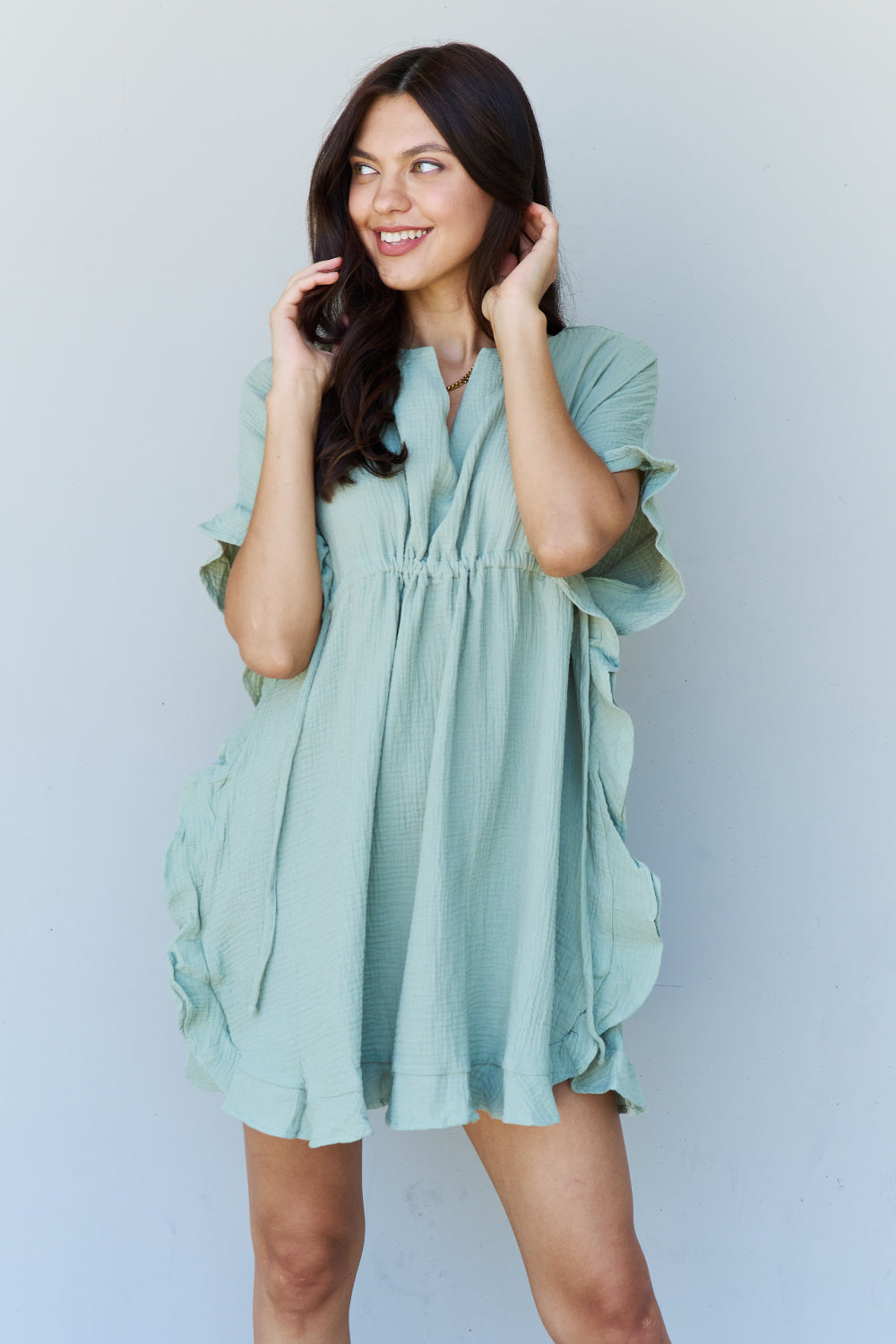 Ninexis Out Of Time Full Size Ruffle Hem Dress with Drawstring Waistband in Light Sage-Angel Casuals