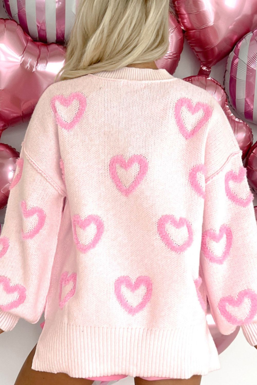 High-Low Heart Round Neck Long Sleeve Sweater-Angel Casuals