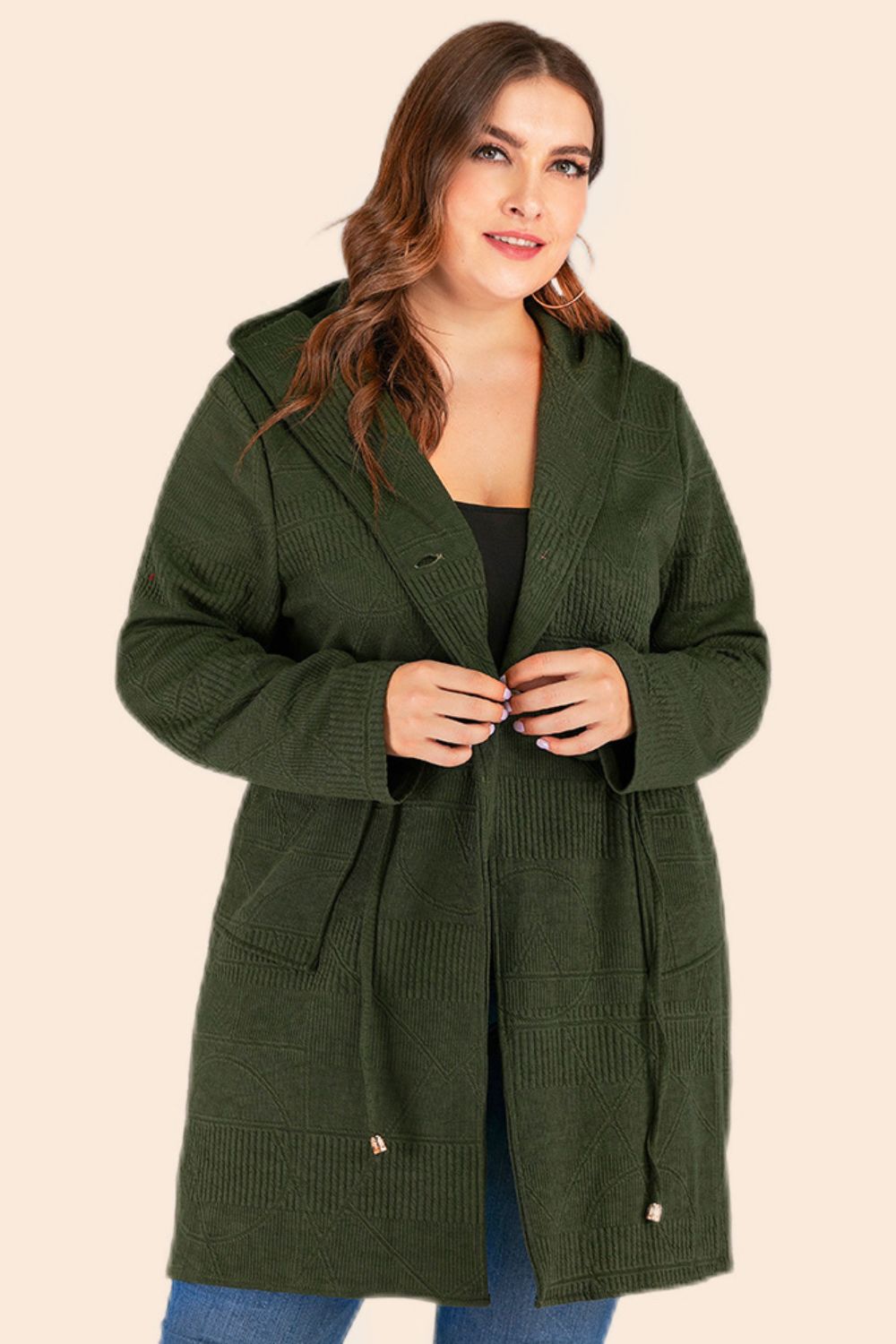 Plus Size Drawstring Waist Hooded Cardigan with Pockets-Angel Casuals