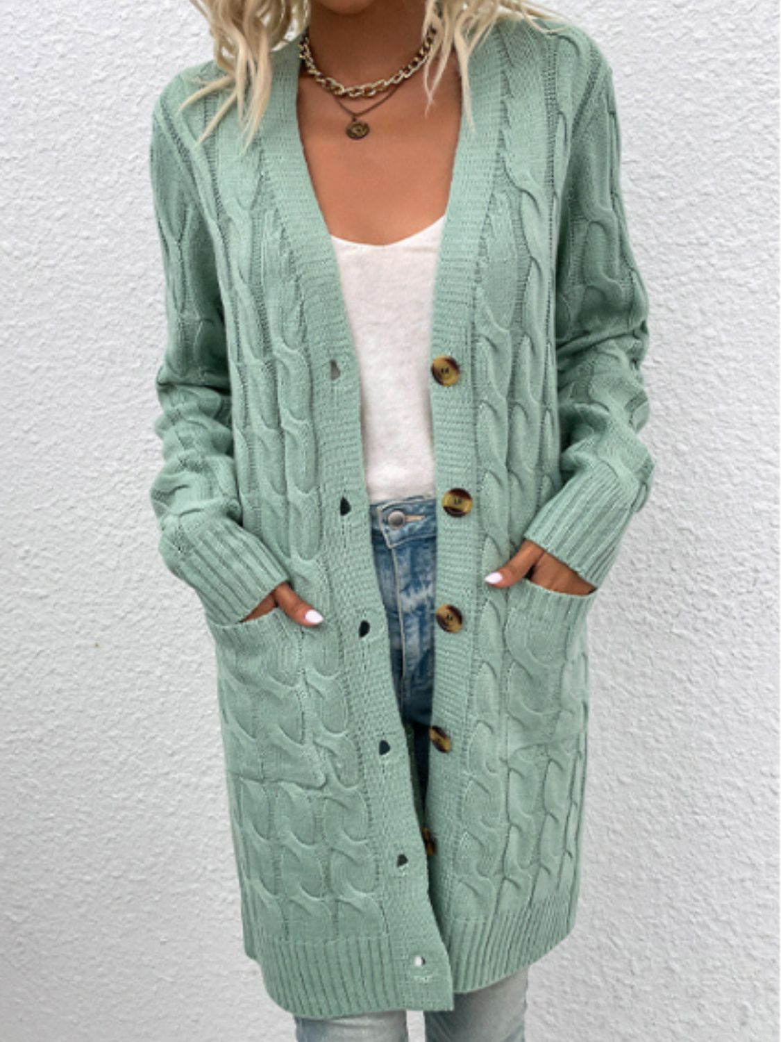 Cable-Knit Button Down Cardigan with Pockets-Angel Casuals