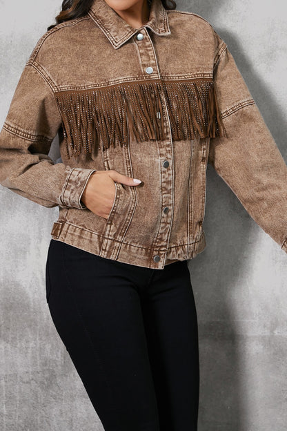 Fringe Trim Snap Down Denim Jacket-Angel Casuals