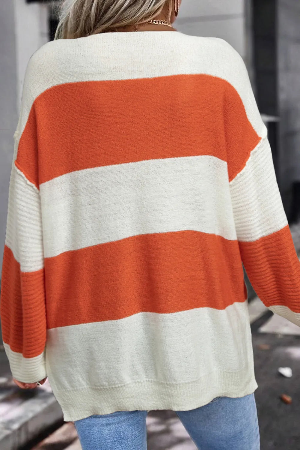 Color Block Dropped Shoulder V-Neck Sweater-Angel Casuals