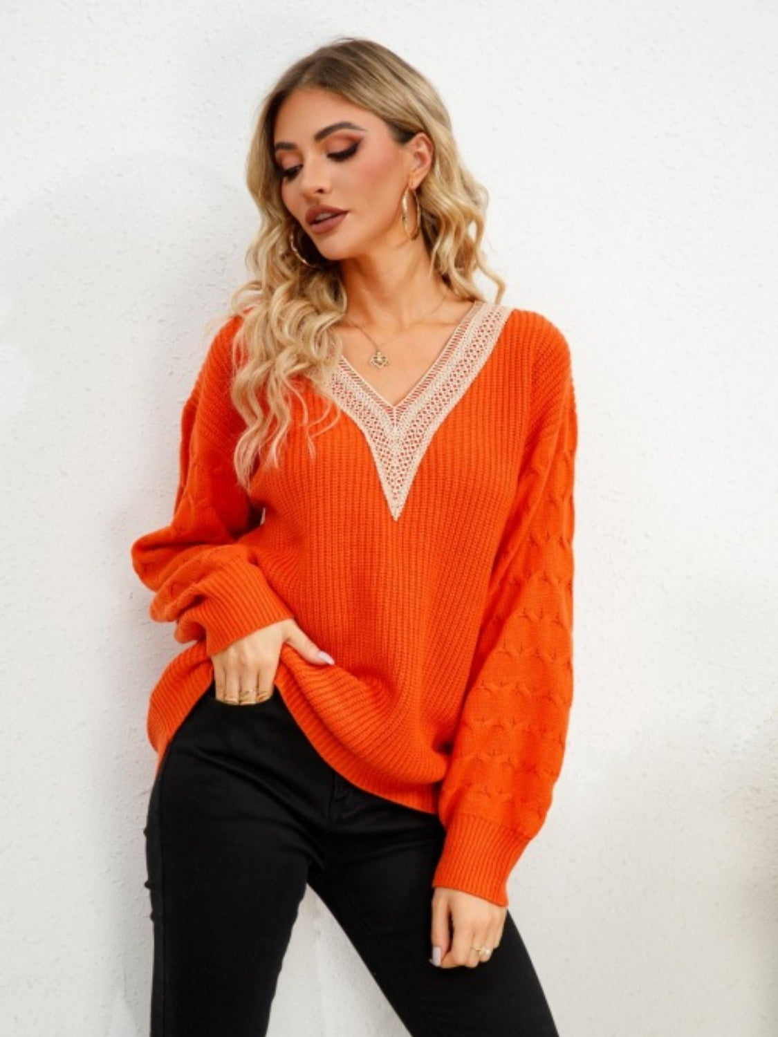 V-Neck Dropped Shoulder Long Sleeve Sweater-Angel Casuals