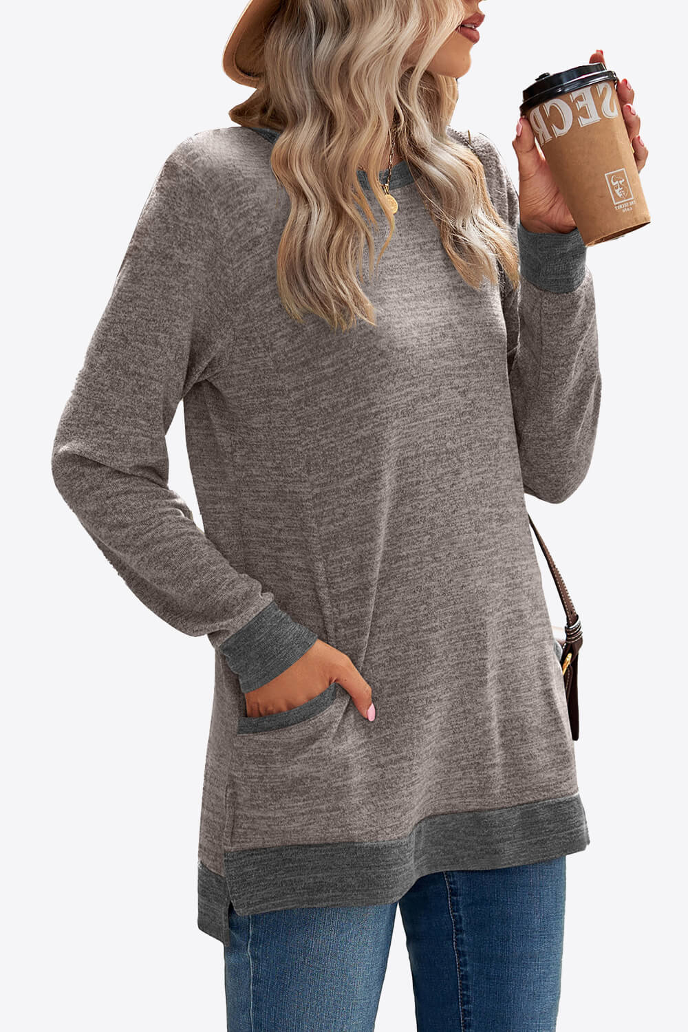 Heathered Slit Top with Pockets-Angel Casuals