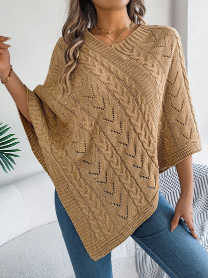 Cable-Knit Openwork Three-Quarter Sleeve Sweater-Angel Casuals