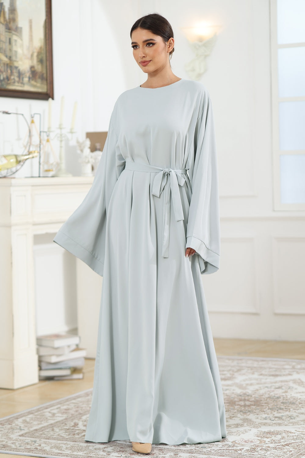 Round Neck Kimono Sleeve Tie Waist Dress-Angel Casuals