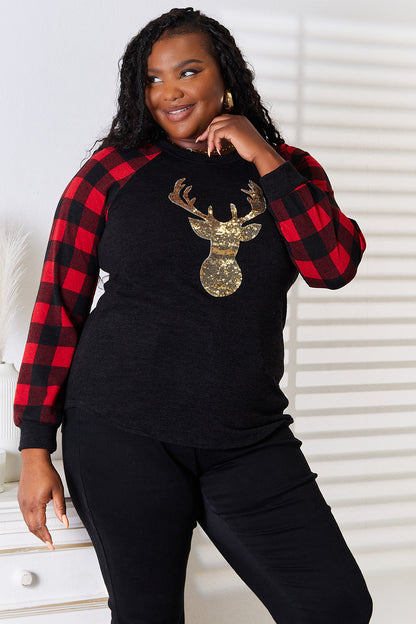 Heimish Full Size Sequin Reindeer Graphic Plaid Top-Angel Casuals