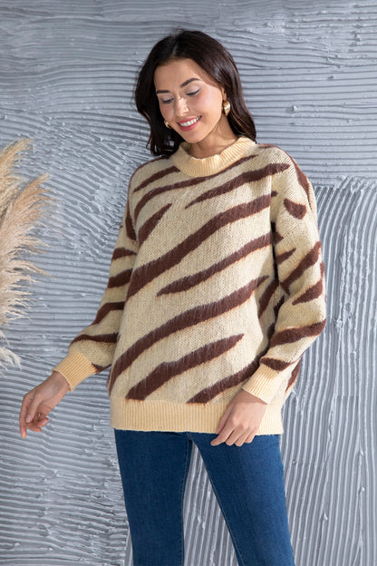 Animal Element Round Neck Dropped Shoulder Sweater-Angel Casuals