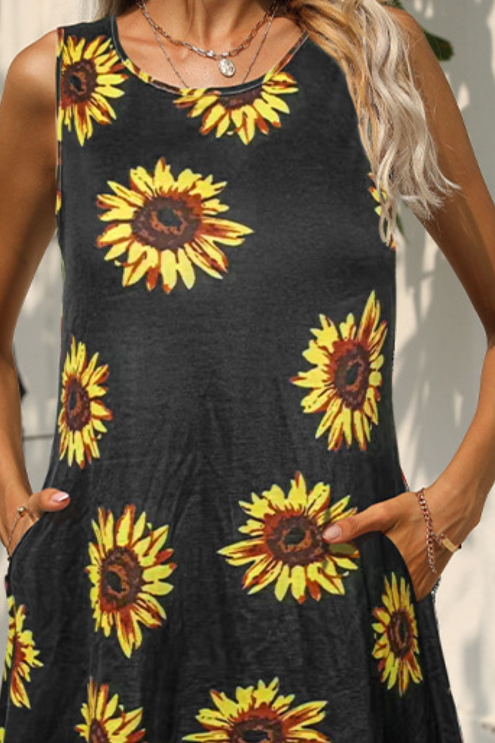 Printed Round Neck Sleeveless Dress with Pockets-Angel Casuals