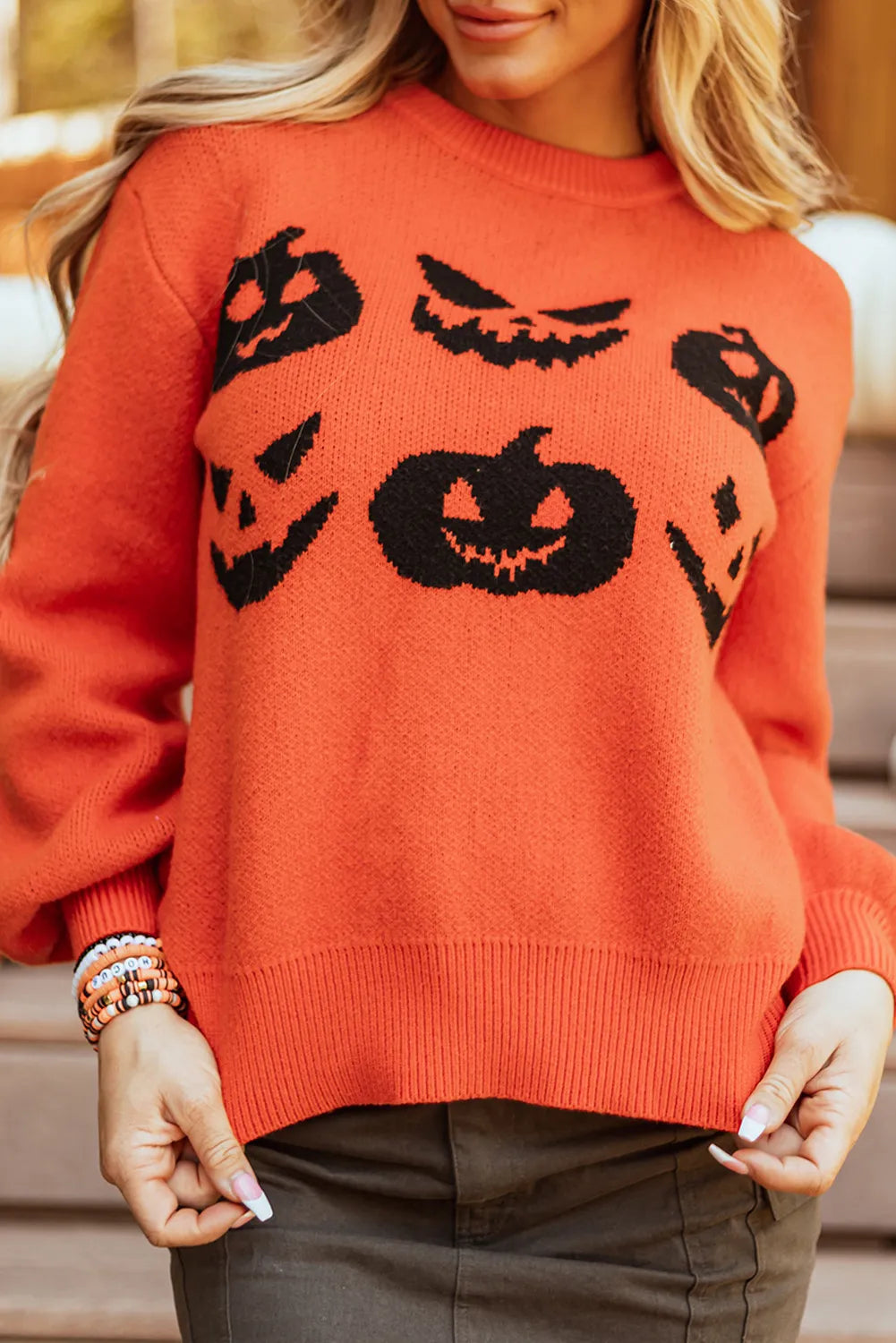 Pumpkin Pattern Round Neck Sweater-Angel Casuals