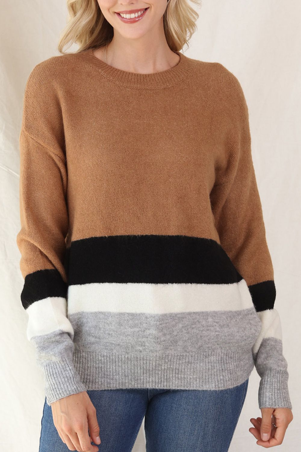 Color Block Round Neck Dropped Shoulder Sweater-Angel Casuals