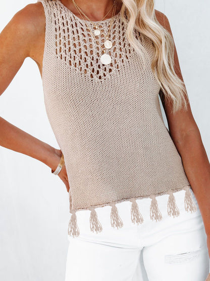 Cutout Tassel Round Neck Tank-Angel Casuals