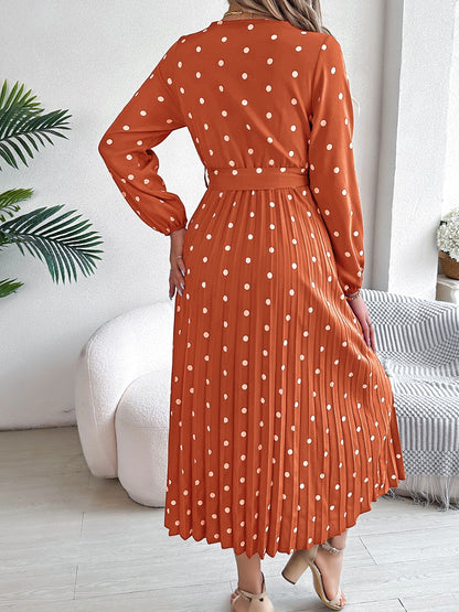 Tied Polka Dot Long Sleeve Midi Dress-Angel Casuals