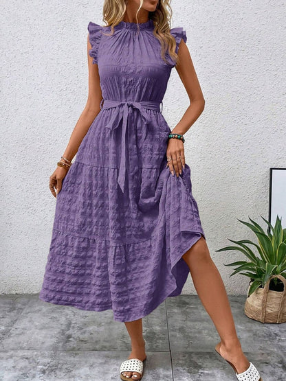 Tied Ruffled Cap Sleeve Midi Dress-Angel Casuals