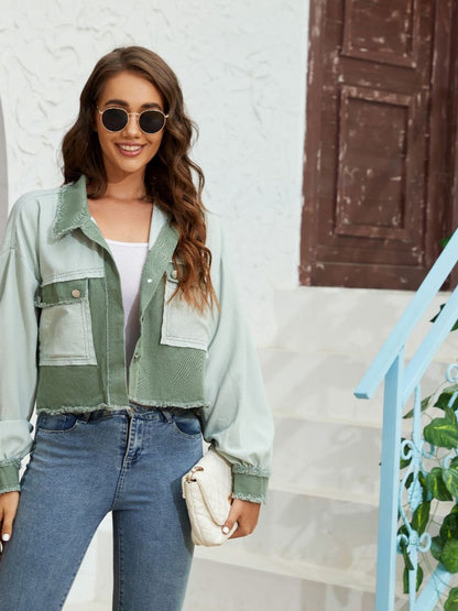 Color Block Crop Jacket with Pockets-Angel Casuals