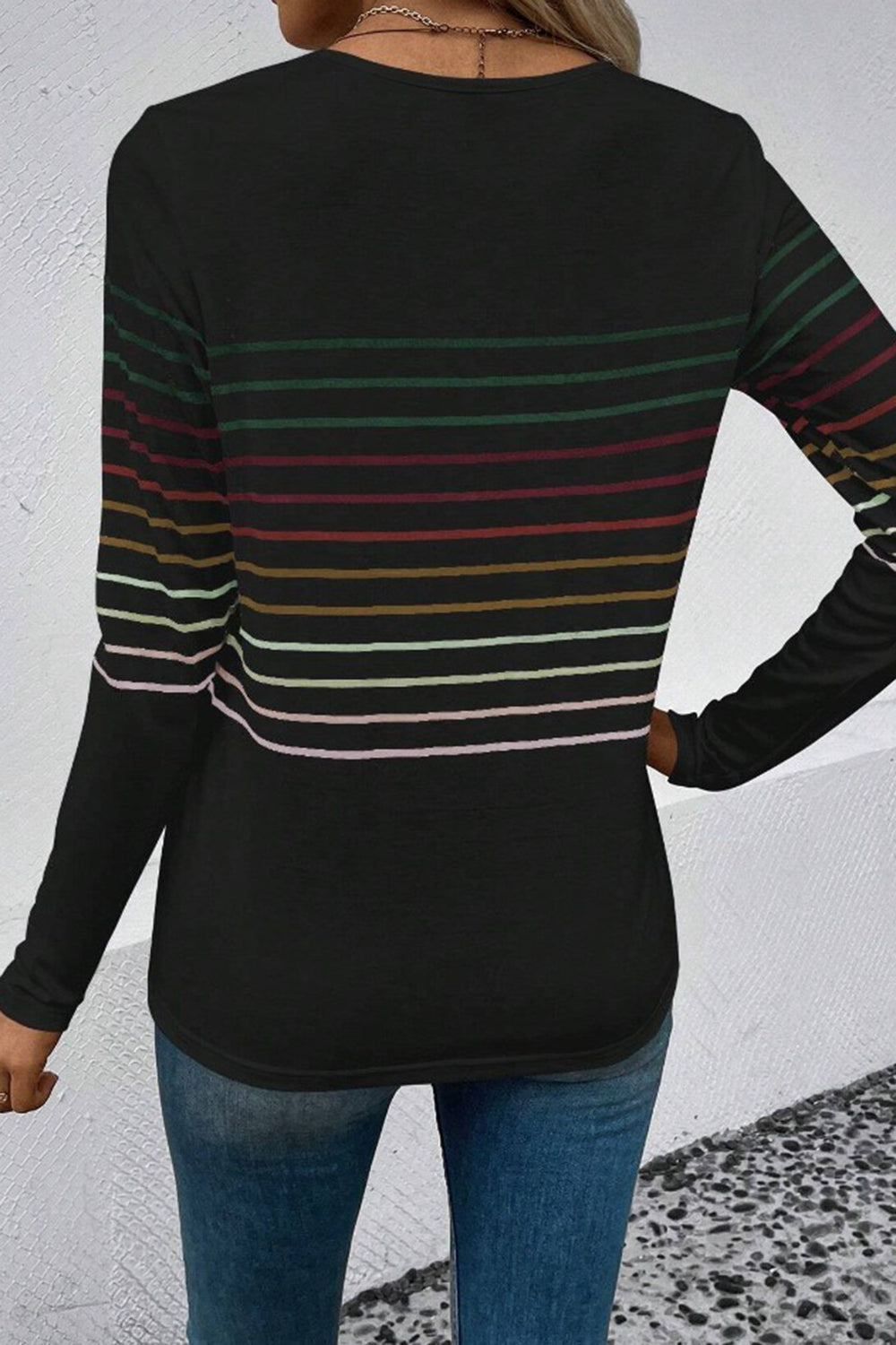 Striped Round Neck Long Sleeve T-Shirt-Angel Casuals