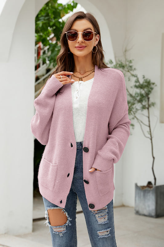 Button Up Drop Shoulder Long Sleeve Cardigan-Angel Casuals