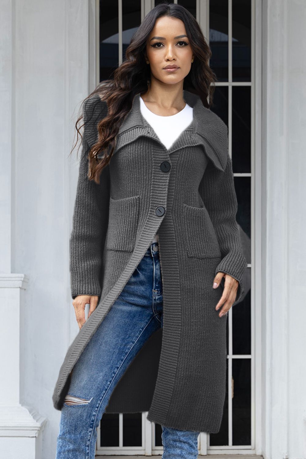 Pocketed Button Up Collared Neck Cardigan-Angel Casuals