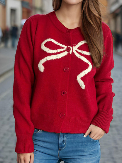 Bow Button Down Round Neck Cardigan-Angel Casuals