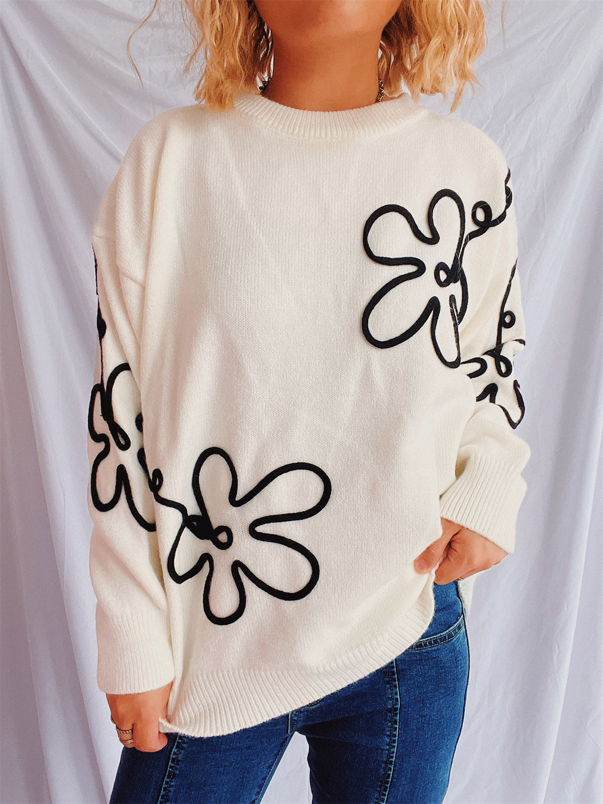 Flower Round Neck Long Sleeve Sweater-Angel Casuals