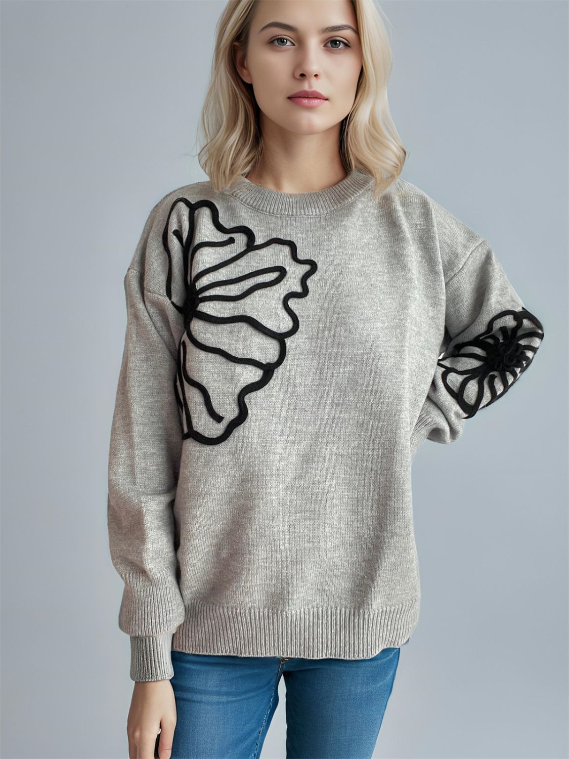 Flower Round Neck Long Sleeve Sweater-Angel Casuals