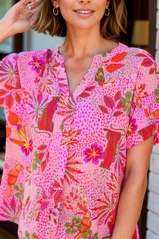 Printed Notched Short Sleeve Top-Angel Casuals