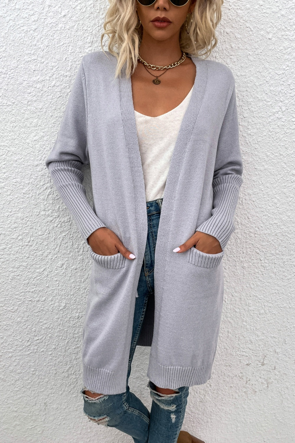 Open Front Long Sleeve Cardigan with Pockets-Angel Casuals