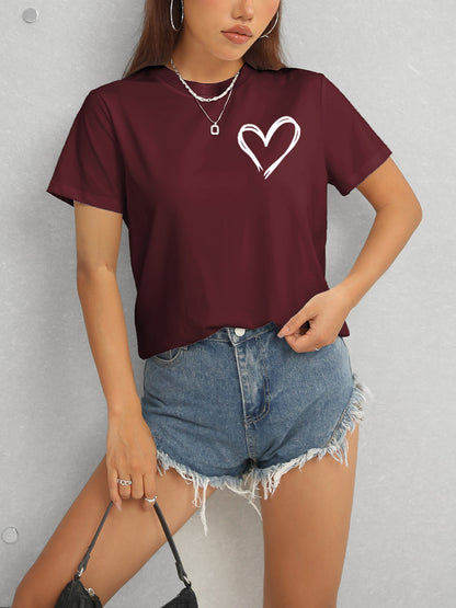 Heart Round Neck Short Sleeve T-Shirt-Angel Casuals