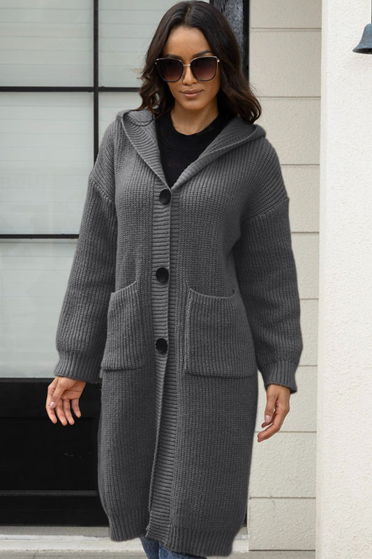 Button Up Long Sleeve Hooded Cardigan with Pockets-Angel Casuals