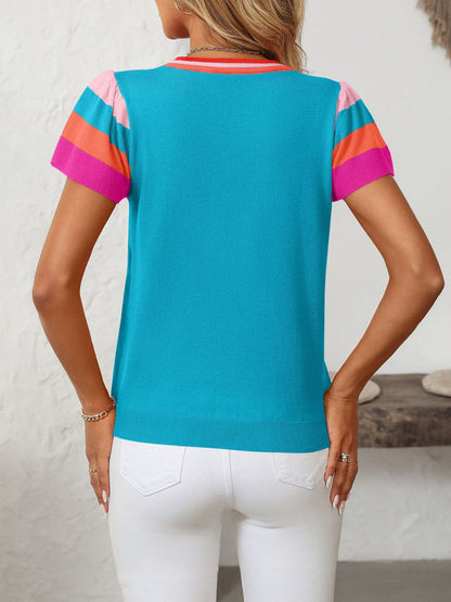 Mandy Contrast Round Neck Short Sleeve Knit Top-Angel Casuals