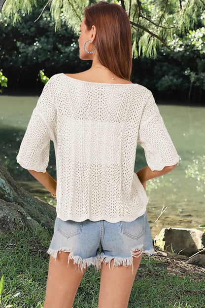 Openwork Round Neck Half Sleeve Knit Top-Angel Casuals