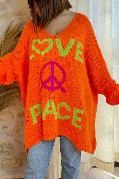 Peace Graphic V-Neck Long Sleeve Sweater-Angel Casuals