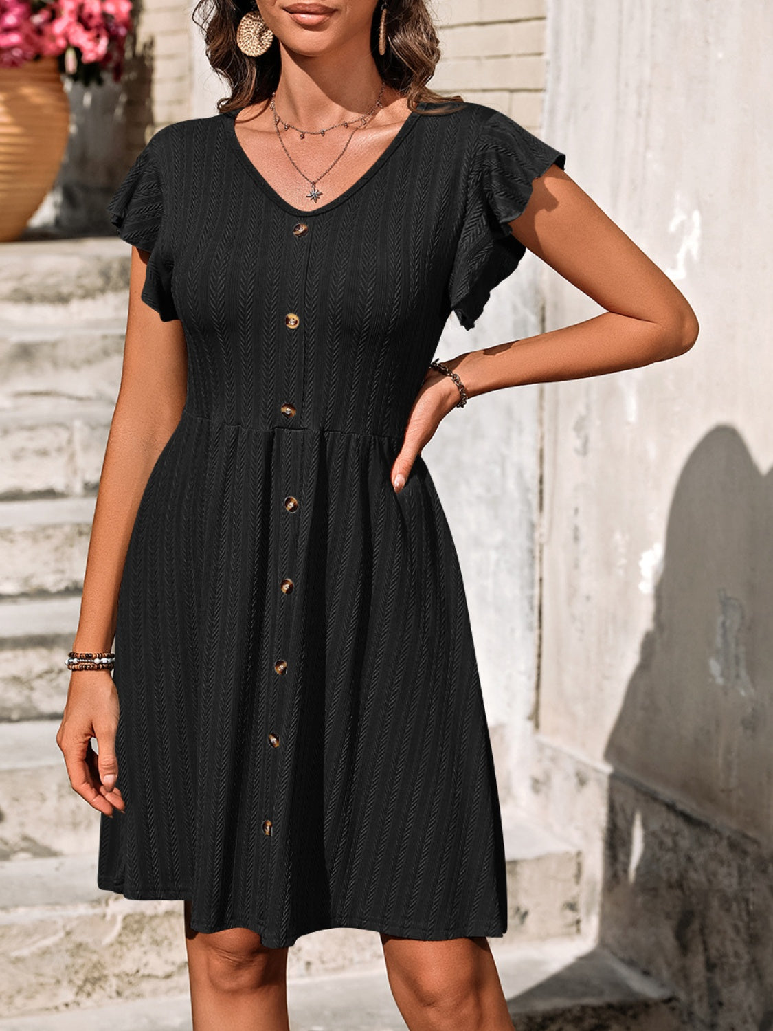 Decorative Button Ruffled V-Neck Dress-Angel Casuals