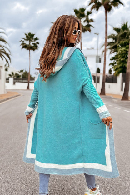 Pocketed Contrast Long Sleeve Hooded Cardigan-Angel Casuals