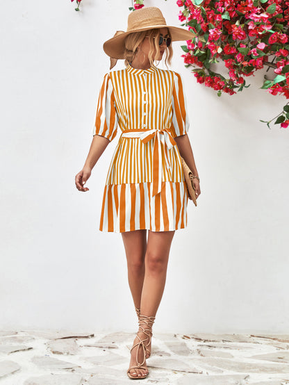 Striped Half Sleeve Tie Waist Mini Dress-Angel Casuals