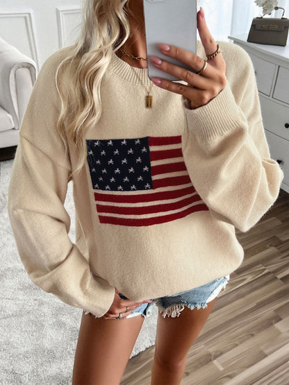 Devine US Flag Round Neck Long Sleeve Knit Top-Angel Casuals