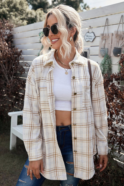 Plaid Curved Hem Dropped Shoulder Longline Shirt Jacket-Angel Casuals