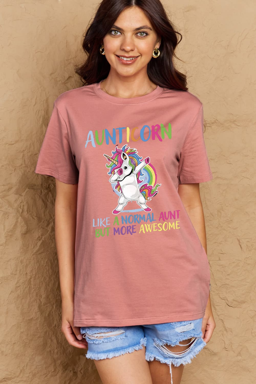 Simply Love Full Size AUNTICORN LIKE A NORMAL AUNT BUT MORE AWESOME Graphic Cotton Tee-Angel Casuals