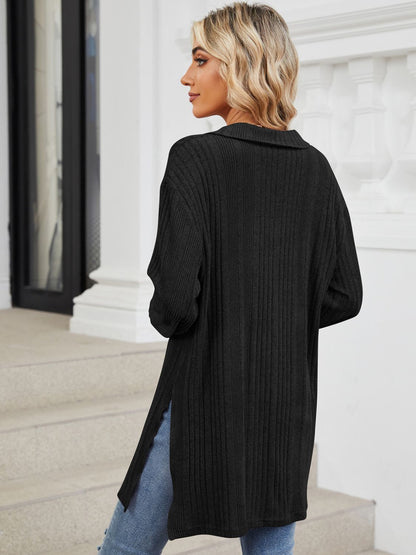 Slit Johnny Collar Long Sleeve T-Shirt-Angel Casuals