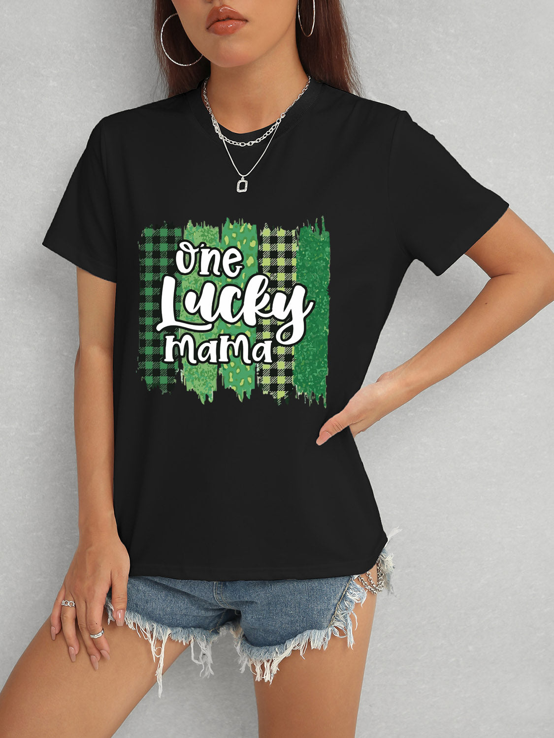 ONE LUCKY MAMA Round Neck T-Shirt-Angel Casuals