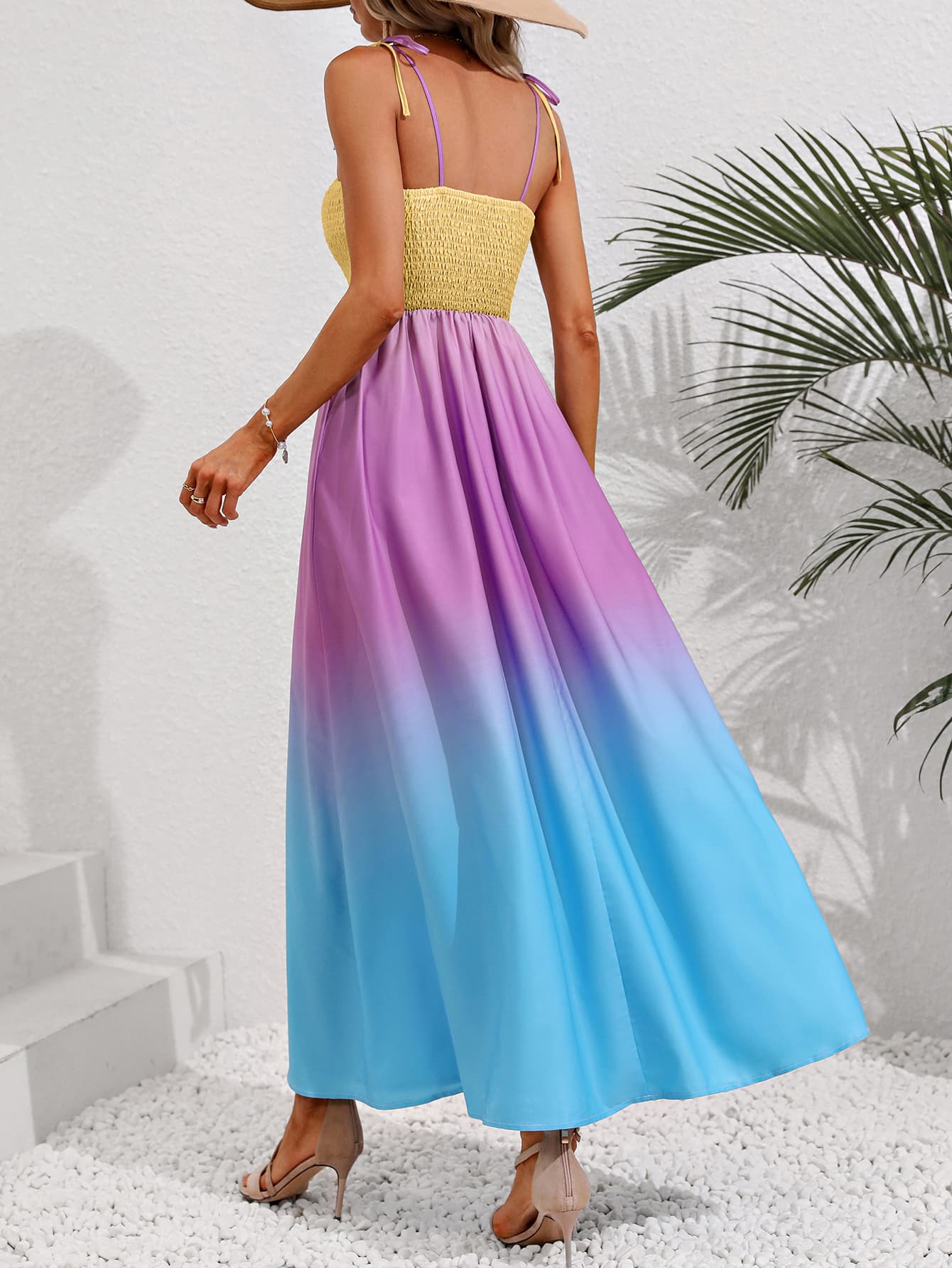 Color Block Tie Shoulder Smocked Maxi Dress-Angel Casuals