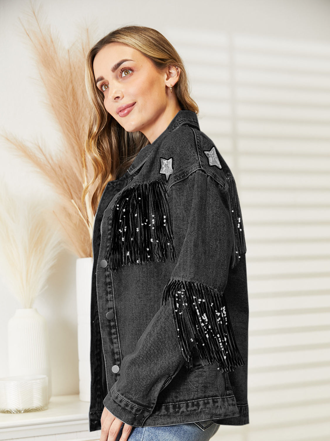 Fringe Detail Long Sleeve Denim Jacket-Angel Casuals