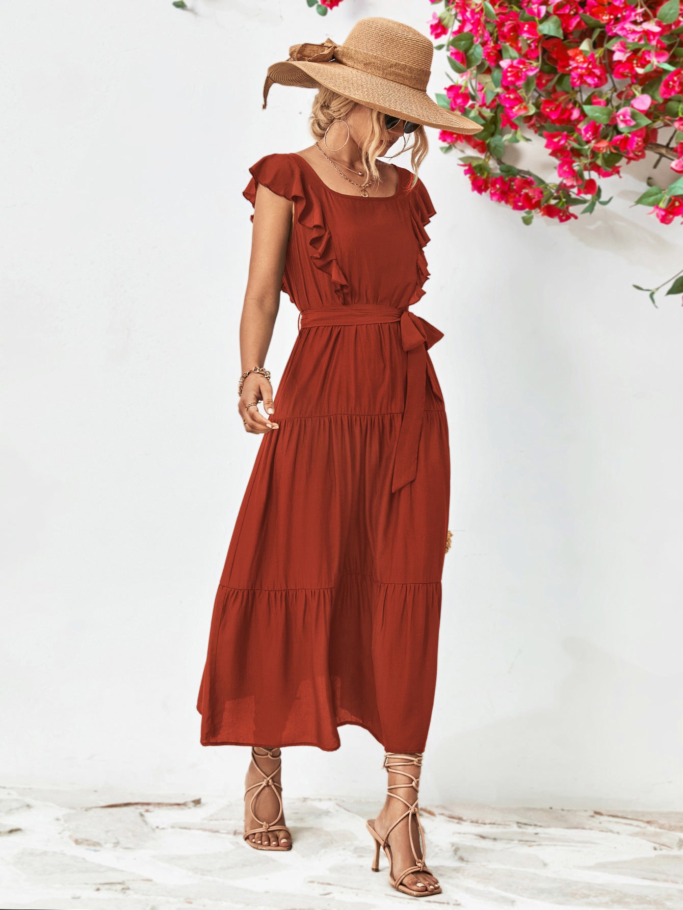 Tie Belt Ruffled Tiered Dress-Angel Casuals