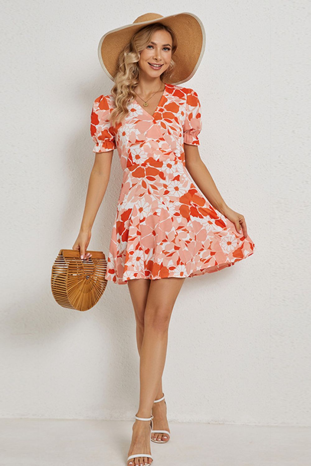 Floral Surplice Neck Flounce Sleeve Dress-Angel Casuals