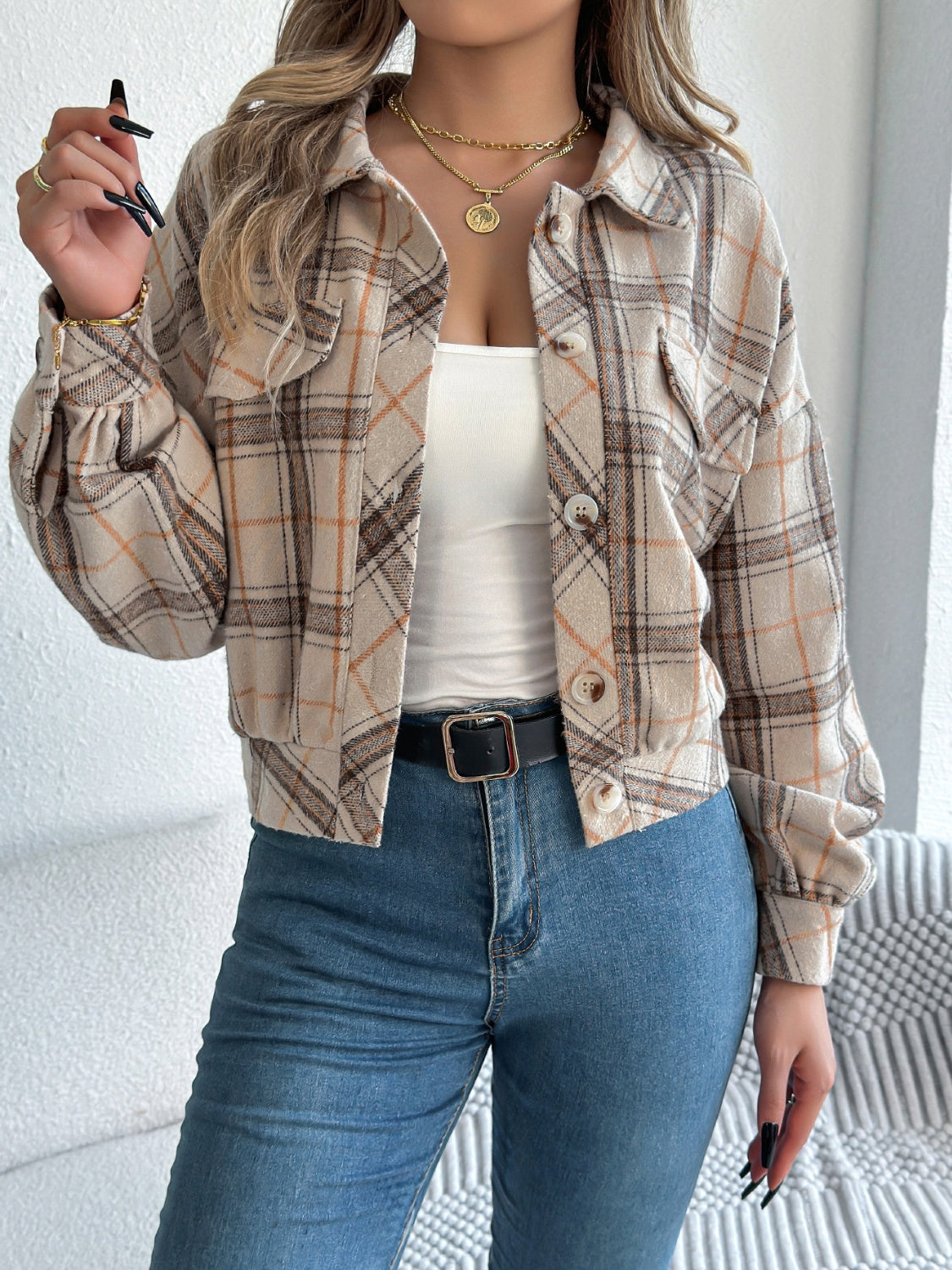 Plaid Button Up Long Sleeve Jacket-Angel Casuals