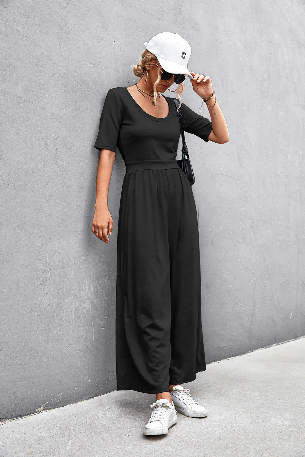 Scoop Neck Half Sleeve Wide Leg Jumpsuit-Angel Casuals