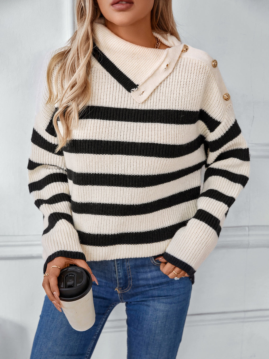 Buttoned Striped Long Sleeve Sweater-Angel Casuals