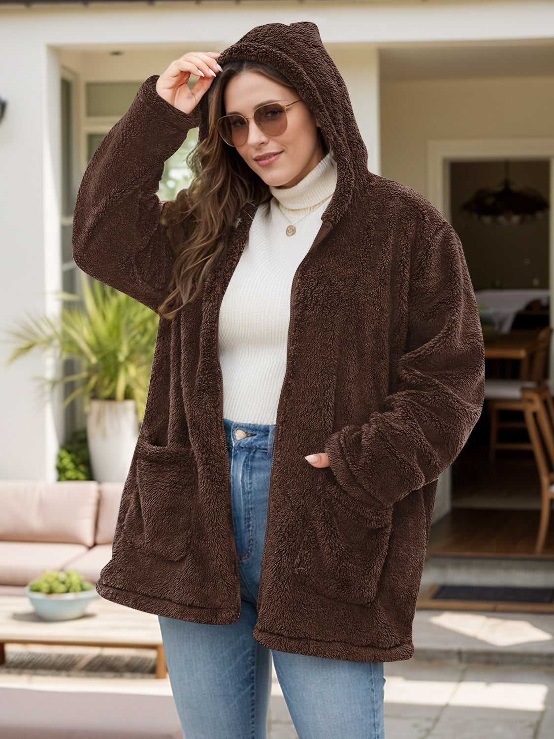 Plus Size Zip Up Long Sleeve Hooded Outerwear-Angel Casuals