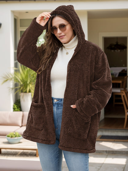 Plus Size Zip Up Long Sleeve Hooded Outerwear-Angel Casuals