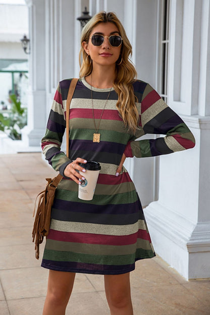 Striped Round Neck Long Sleeve Dress-Angel Casuals